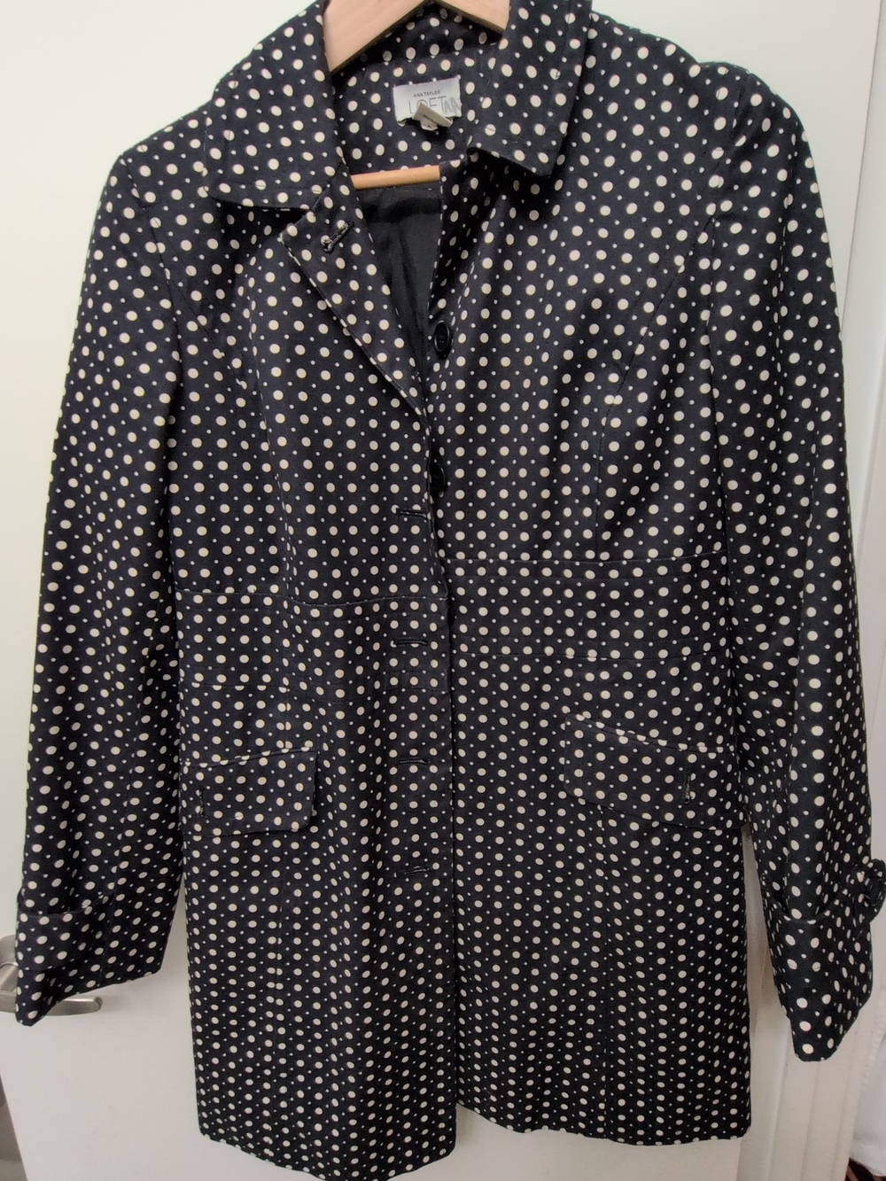 LOFT Black Trench Coat with White Polka Dots